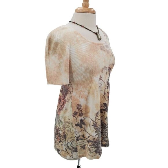 One World Live And Let Live Womens Short Sleeve Baby Doll Sweater‎ Sz XL Yellow - Picture 2 of 13